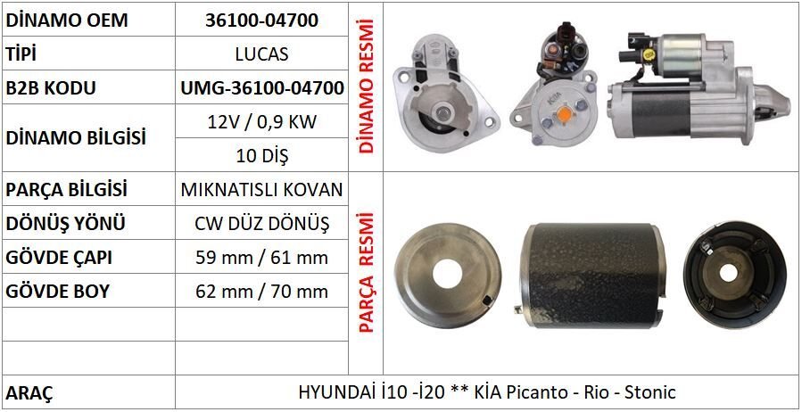 UMG 36100 - MARŞ GÖVDESİ 12V 0,9 KW